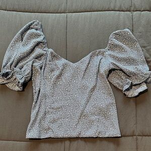 Elegant Blue and White Puff Sleeve Blouse